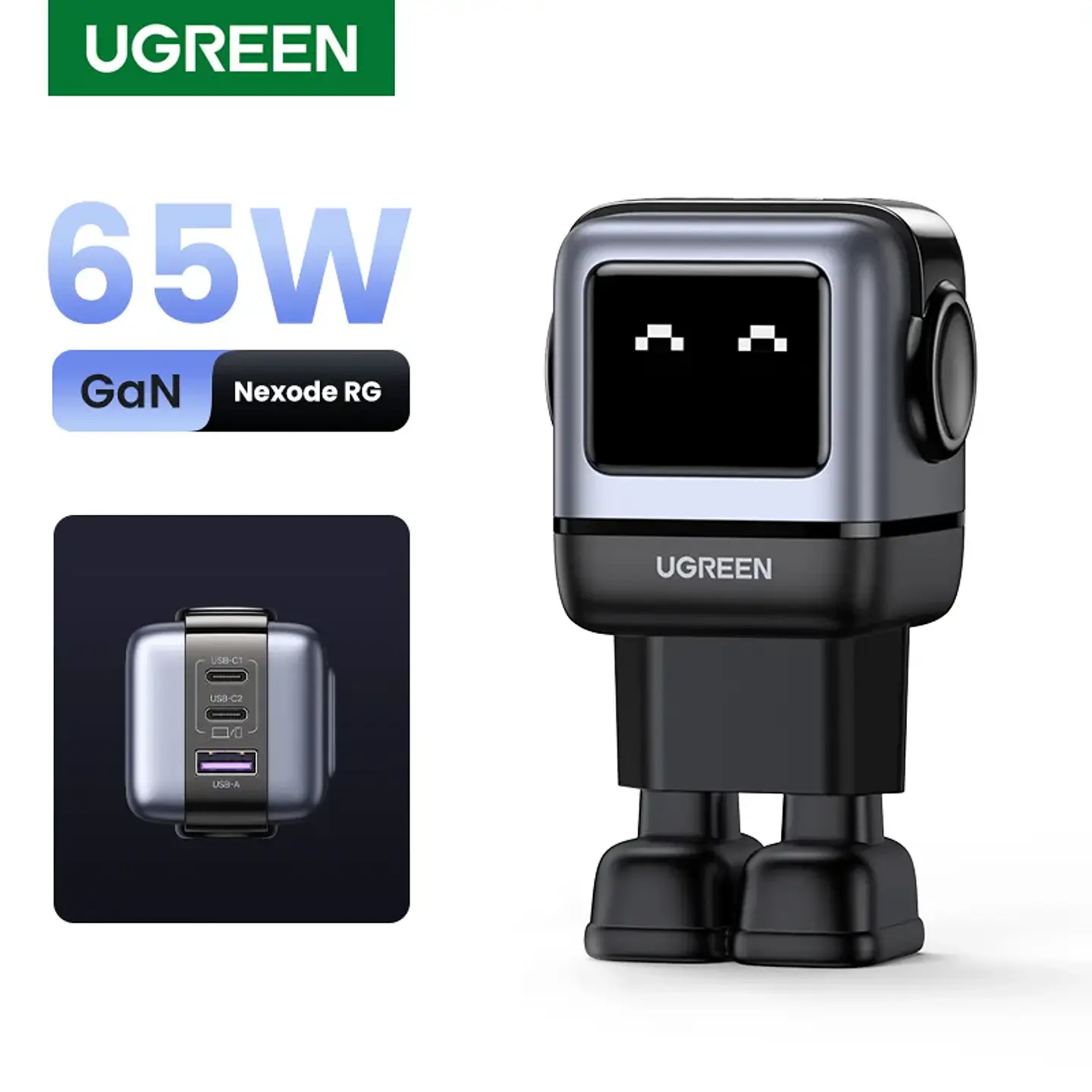 Cargador UGREEN Uno GaN de 65 W con diseño de robot, carga rápida PD y PPS para iPhone 17, 16 y 15, Xiaomi y MacBook Pro 1