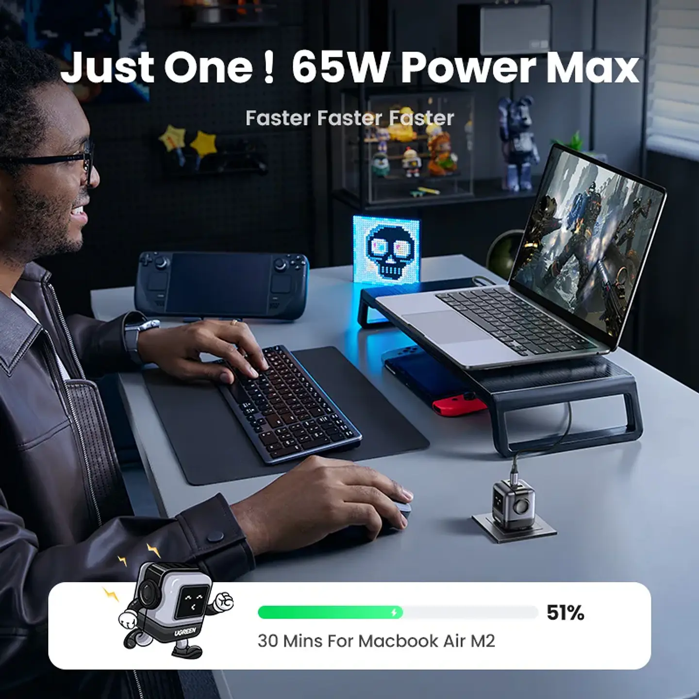 Cargador UGREEN Uno GaN de 65 W con diseño de robot, carga rápida PD y PPS para iPhone 17, 16 y 15, Xiaomi y MacBook Pro 2