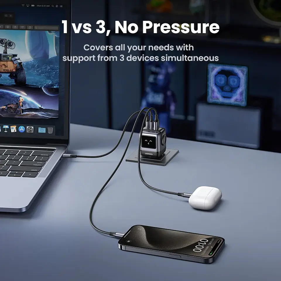 Cargador UGREEN Uno GaN de 65 W con diseño de robot, carga rápida PD y PPS para iPhone 17, 16 y 15, Xiaomi y MacBook Pro 3