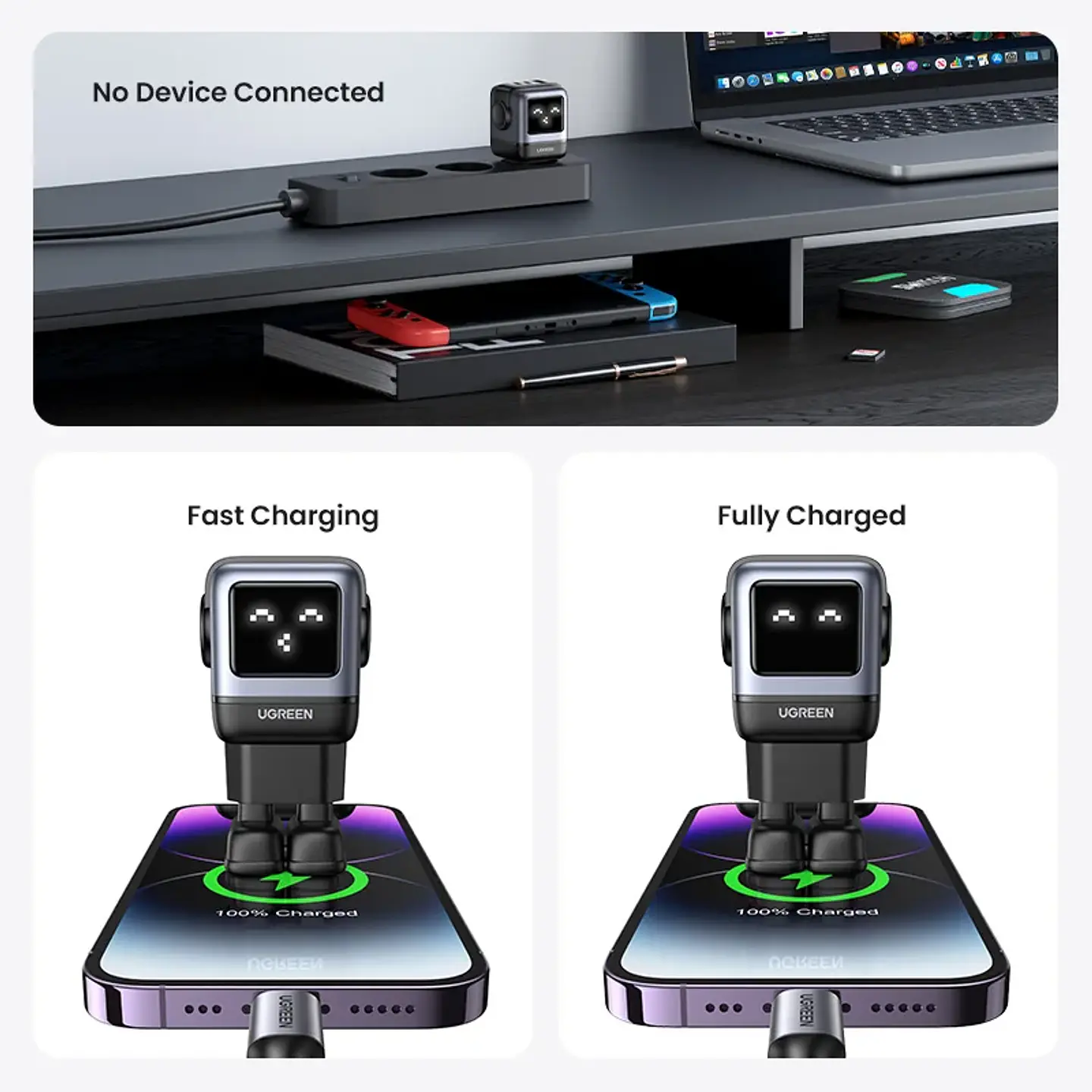 Cargador UGREEN Uno GaN de 65 W con diseño de robot, carga rápida PD y PPS para iPhone 17, 16 y 15, Xiaomi y MacBook Pro 4