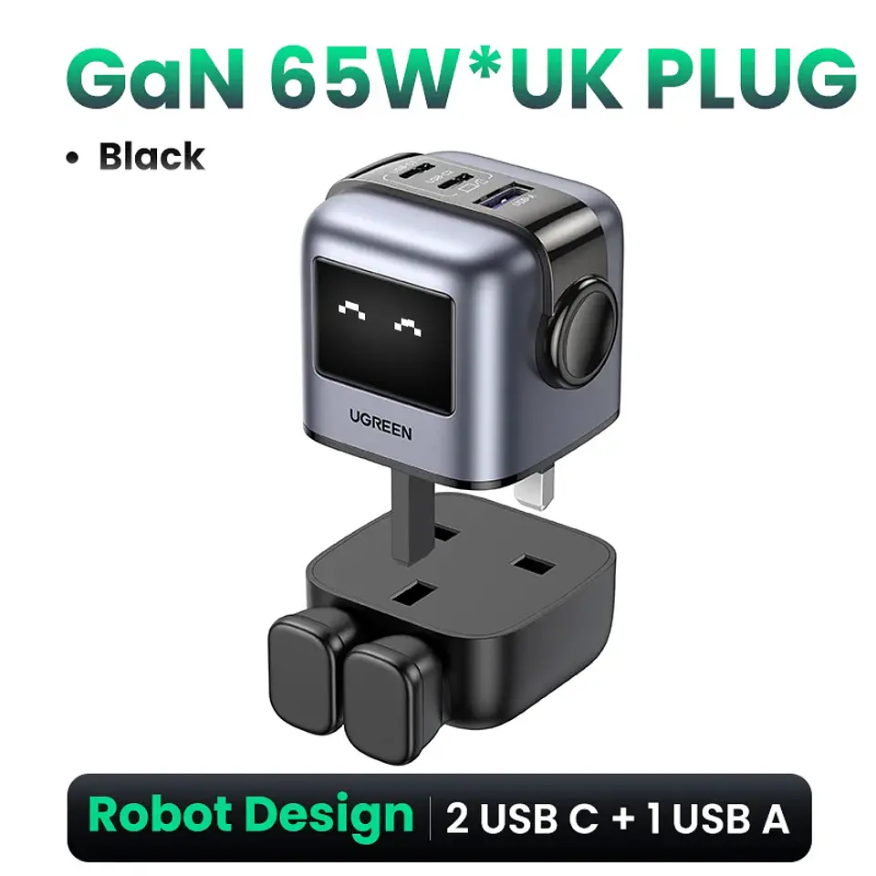 Cargador UGREEN Uno GaN de 65 W con diseño de robot, carga rápida PD y PPS para iPhone 17, 16 y 15, Xiaomi y MacBook Pro 8