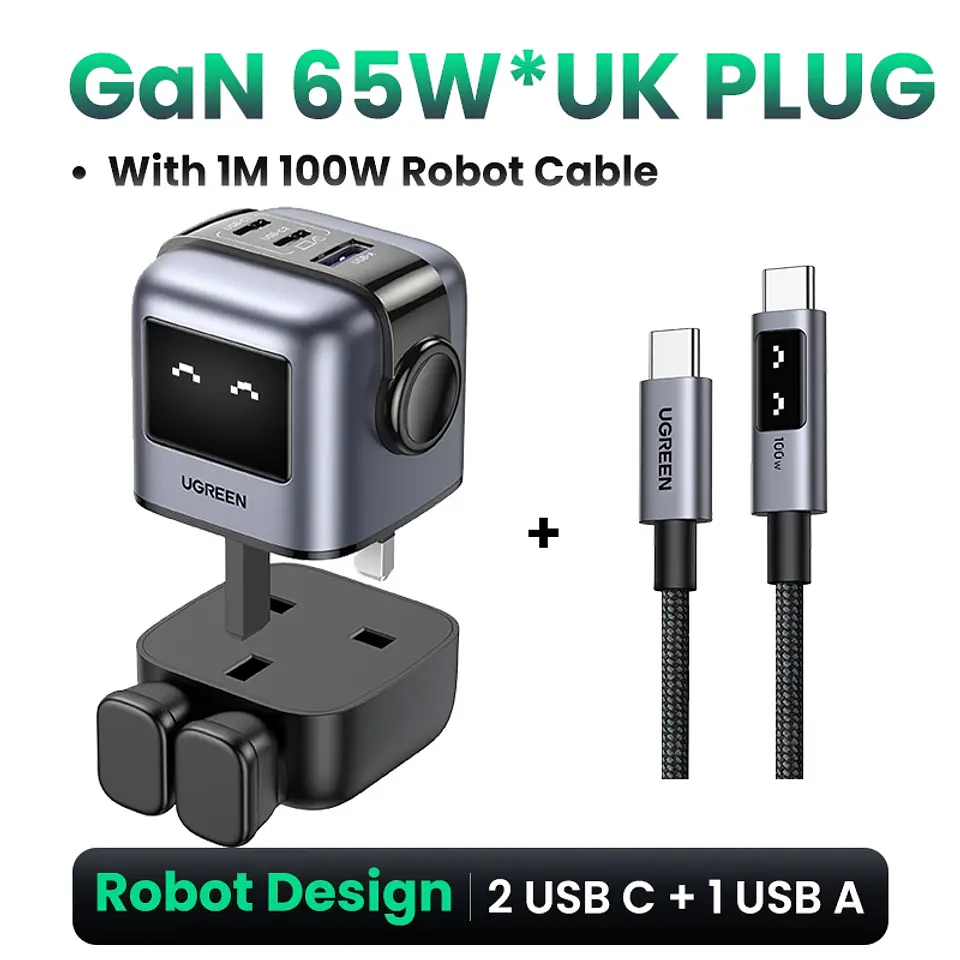 Cargador UGREEN Uno GaN de 65 W con diseño de robot, carga rápida PD y PPS para iPhone 17, 16 y 15, Xiaomi y MacBook Pro 9