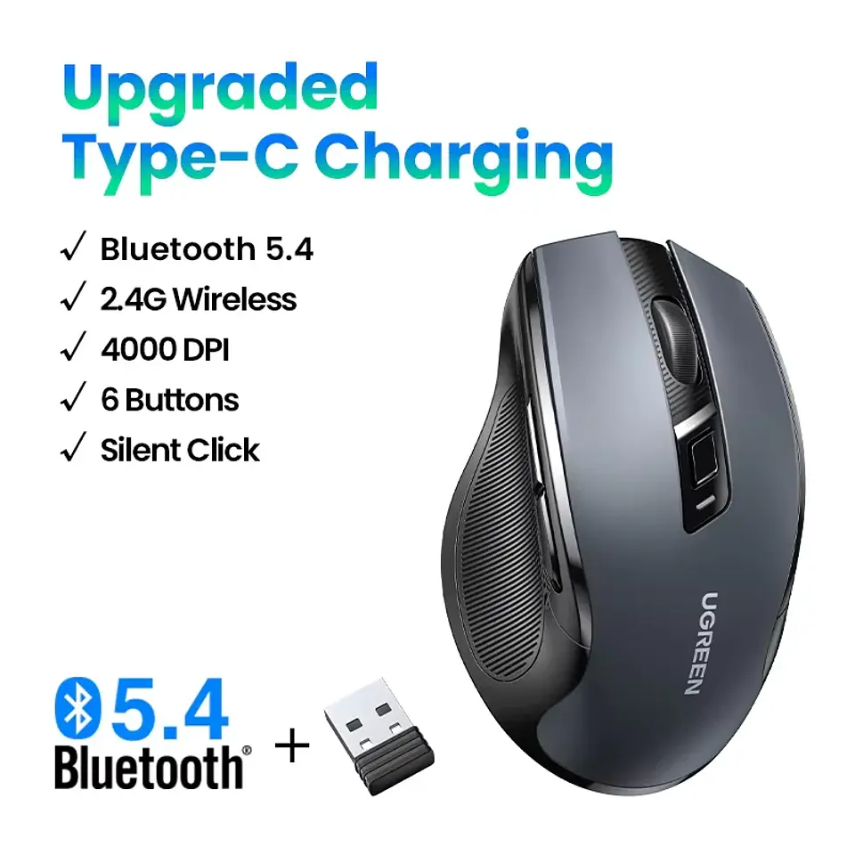 UGREEN Wireless Mouse Bluetooth5.0 Mouse Ergonomic 4000DPI 6 Mute Buttons Mouse For MacBook Tablet Laptops Computer PC 2.4G Mice 10
