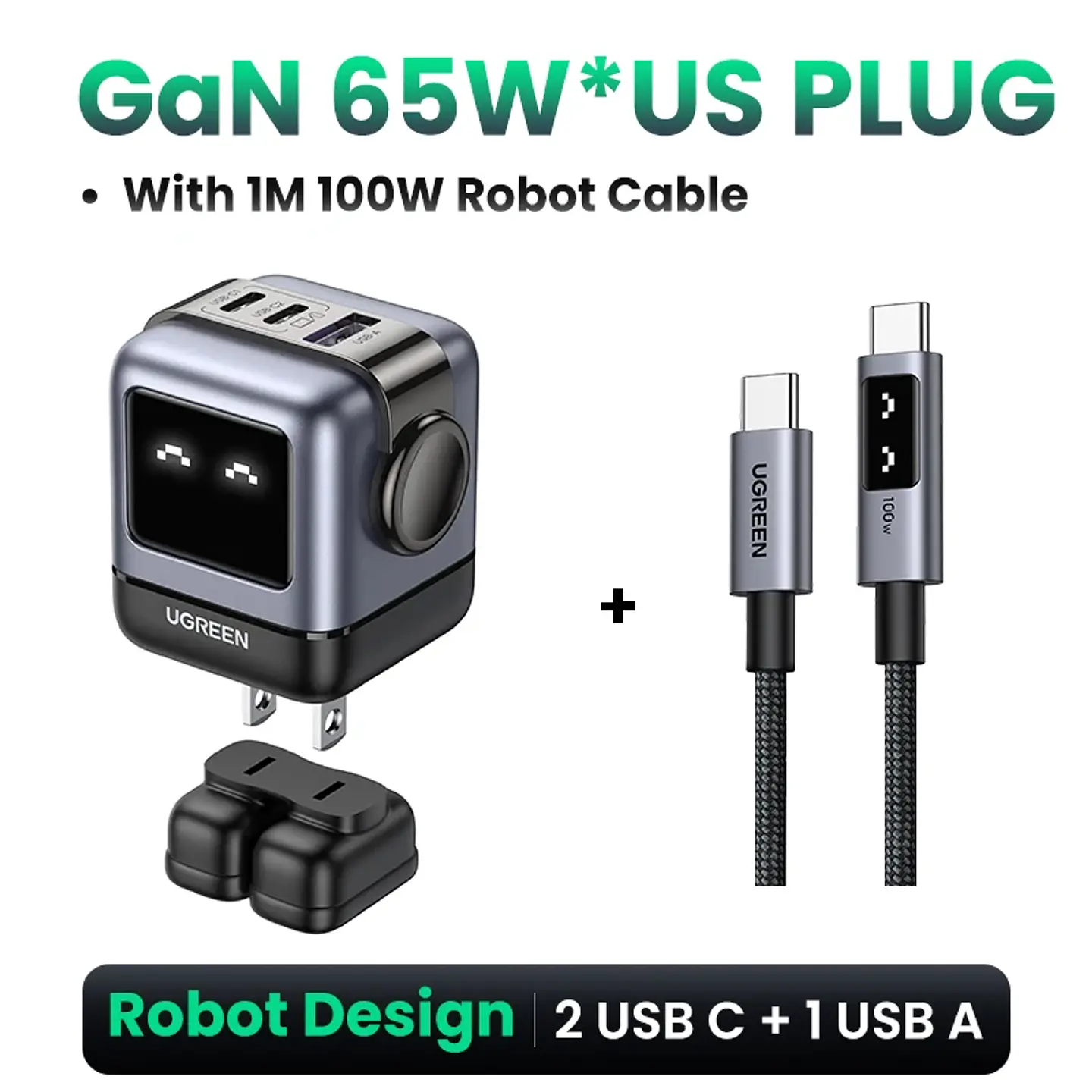 Cargador UGREEN Uno GaN de 65 W con diseño de robot, carga rápida PD y PPS para iPhone 17, 16 y 15, Xiaomi y MacBook Pro 10