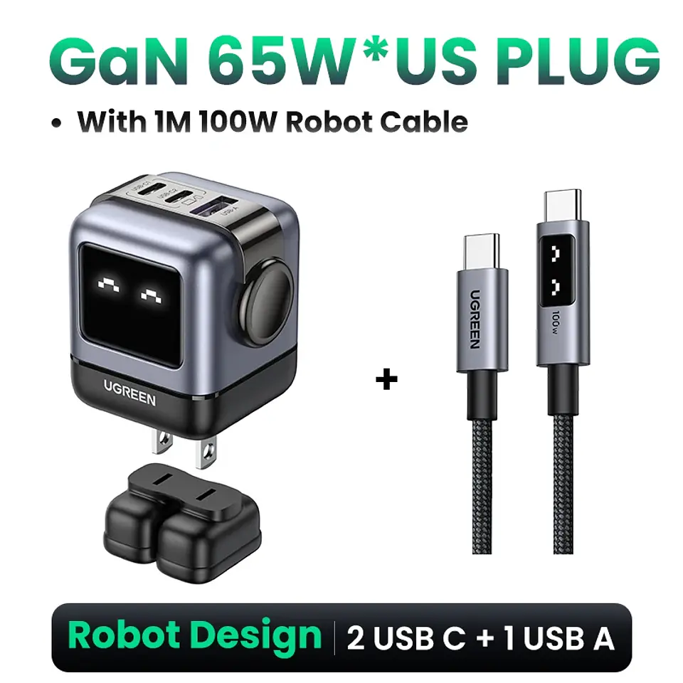 Cargador UGREEN Uno GaN de 65 W con diseño de robot, carga rápida PD y PPS para iPhone 17, 16 y 15, Xiaomi y MacBook Pro 10