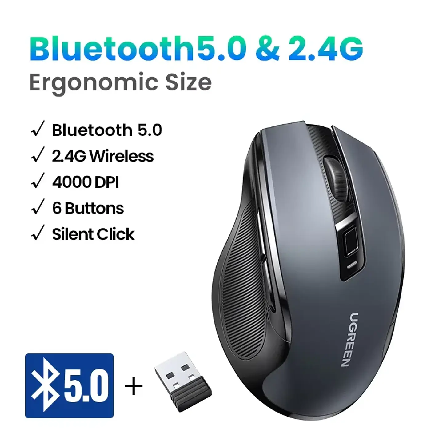 UGREEN Wireless Mouse Bluetooth5.0 Mouse Ergonomic 4000DPI 6 Mute Buttons Mouse For MacBook Tablet Laptops Computer PC 2.4G Mice 11