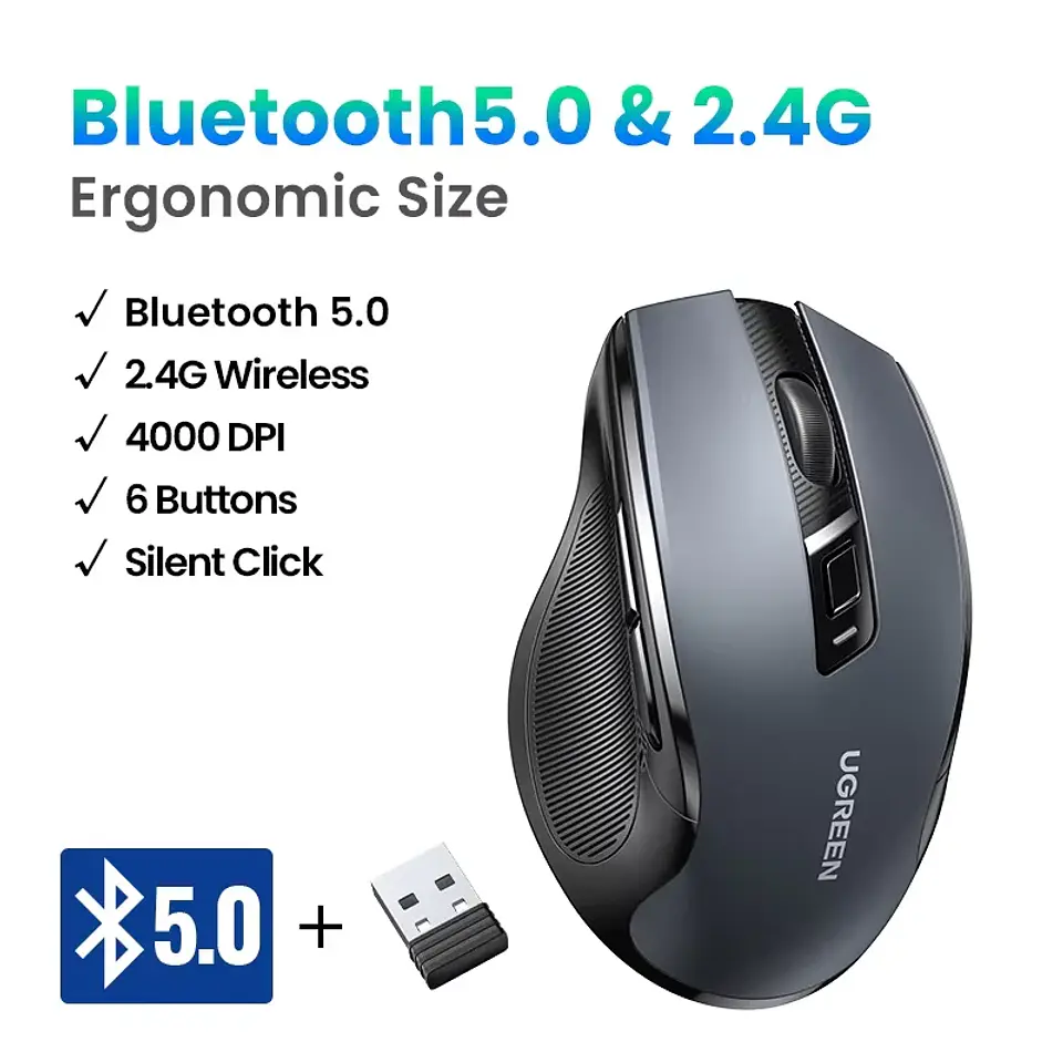 UGREEN Wireless Mouse Bluetooth5.0 Mouse Ergonomic 4000DPI 6 Mute Buttons Mouse For MacBook Tablet Laptops Computer PC 2.4G Mice 11