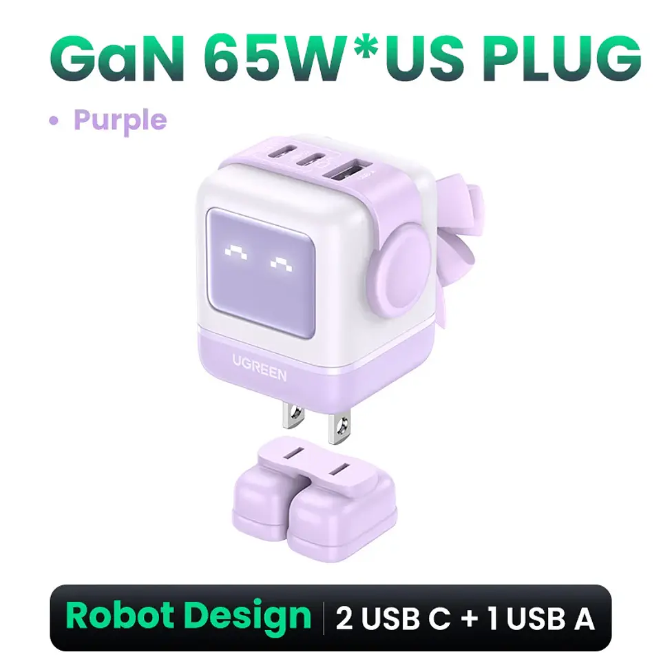 Cargador UGREEN Uno GaN de 65 W con diseño de robot, carga rápida PD y PPS para iPhone 17, 16 y 15, Xiaomi y MacBook Pro 11