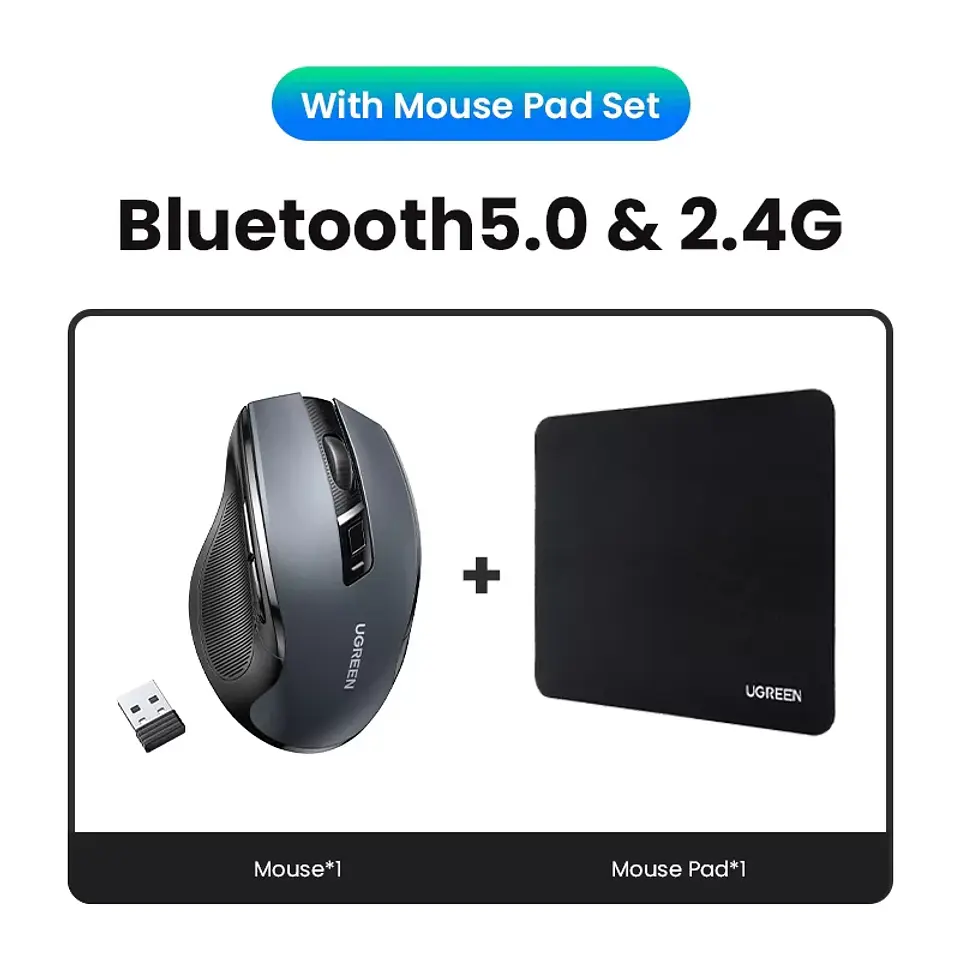 UGREEN Wireless Mouse Bluetooth5.0 Mouse Ergonomic 4000DPI 6 Mute Buttons Mouse For MacBook Tablet Laptops Computer PC 2.4G Mice 12