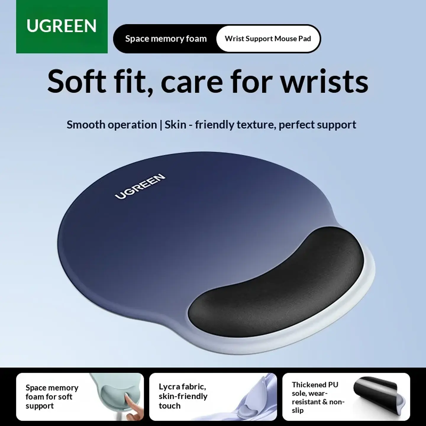 UGREEN Keyboard Wrist Rest Memory Foam Ergonomic Palm Support Non Slip Pu Base Lycra Fabric For Mechanical Keyboard Office Desk 8