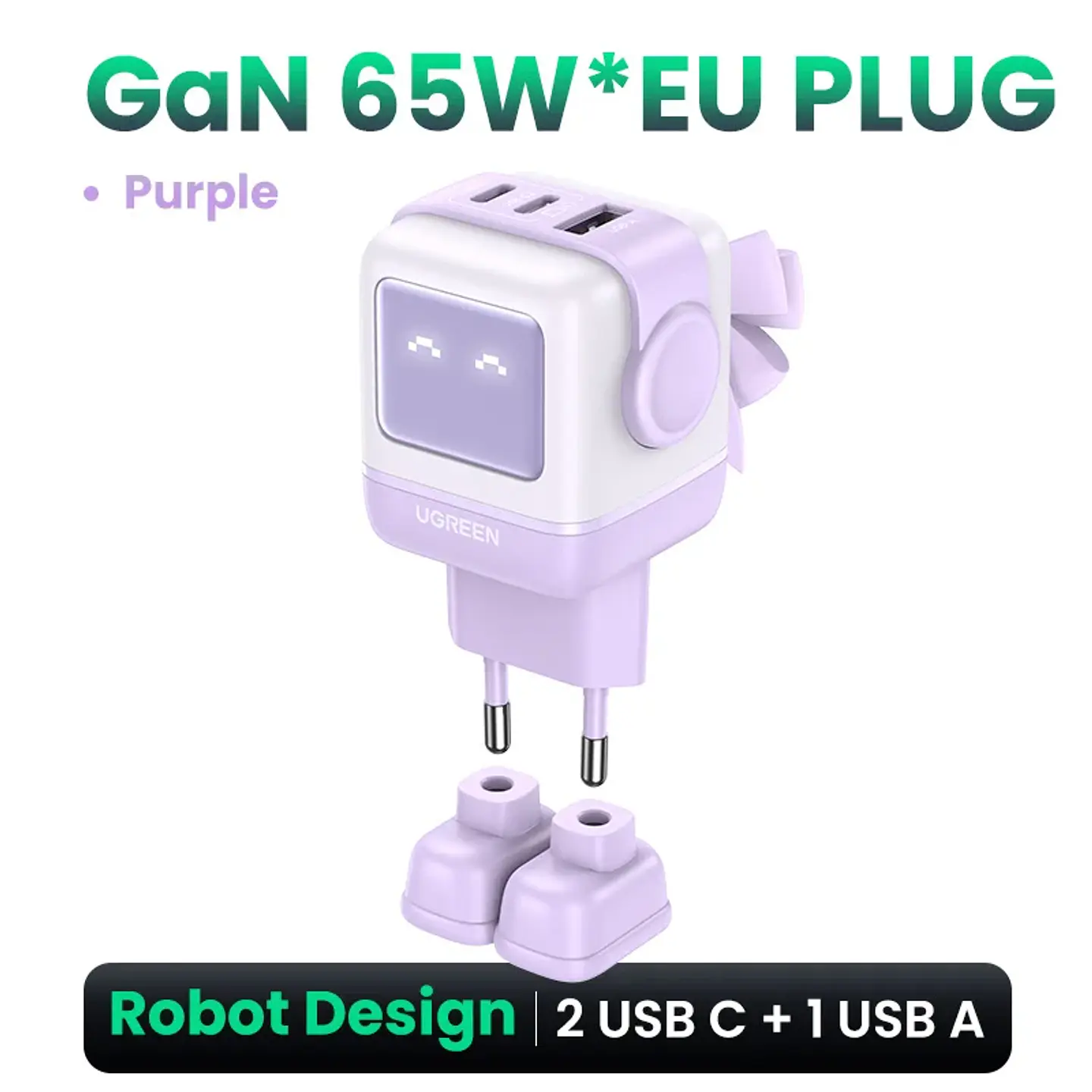 Cargador UGREEN Uno GaN de 65 W con diseño de robot, carga rápida PD y PPS para iPhone 17, 16 y 15, Xiaomi y MacBook Pro 12