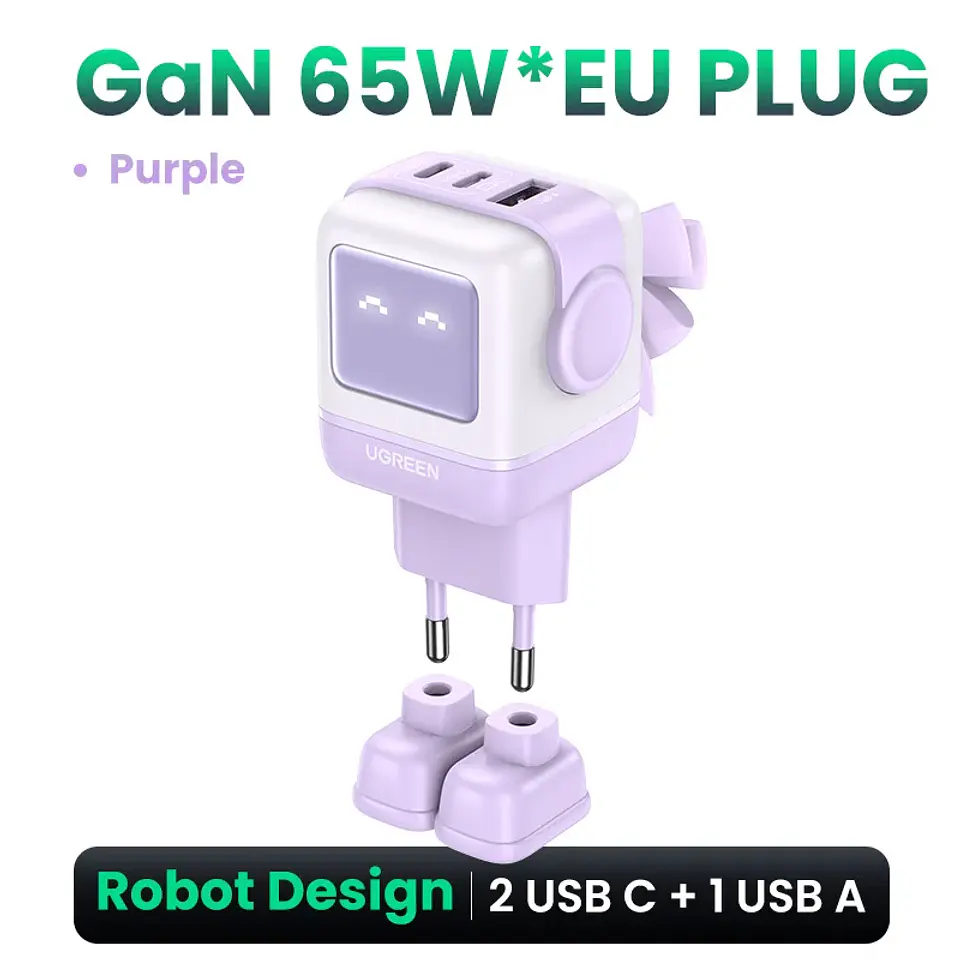 Cargador UGREEN Uno GaN de 65 W con diseño de robot, carga rápida PD y PPS para iPhone 17, 16 y 15, Xiaomi y MacBook Pro 12