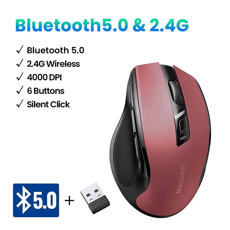UGREEN Wireless Mouse Bluetooth5.0 Mouse Ergonomic 4000DPI 6 Mute Buttons Mouse For MacBook Tablet Laptops Computer PC 2.4G Mice 13