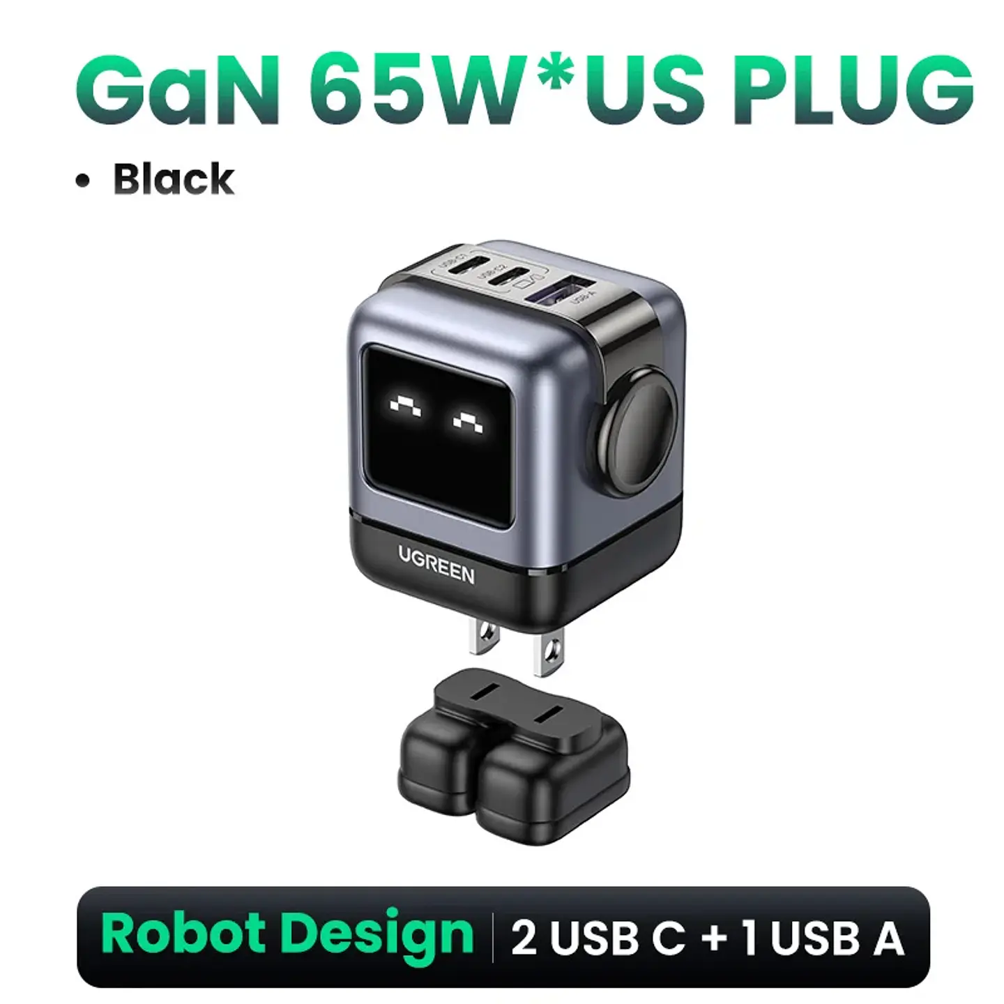 Cargador UGREEN Uno GaN de 65 W con diseño de robot, carga rápida PD y PPS para iPhone 17, 16 y 15, Xiaomi y MacBook Pro 13