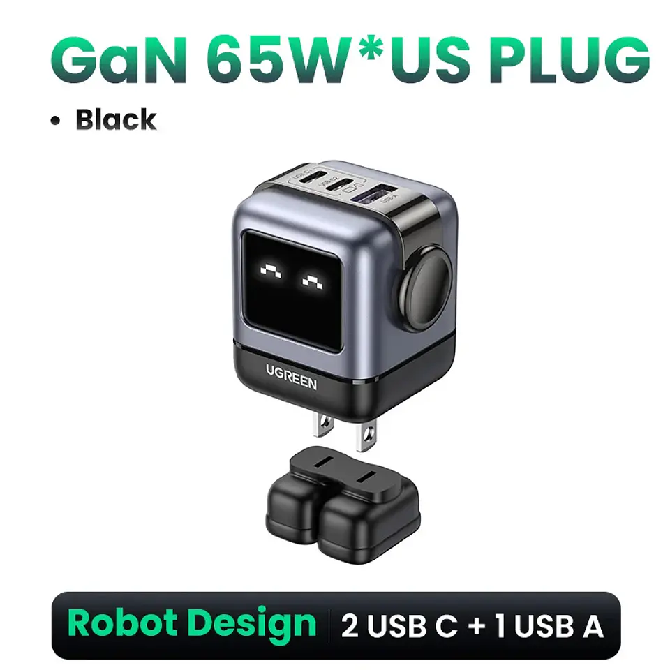Cargador UGREEN Uno GaN de 65 W con diseño de robot, carga rápida PD y PPS para iPhone 17, 16 y 15, Xiaomi y MacBook Pro 13