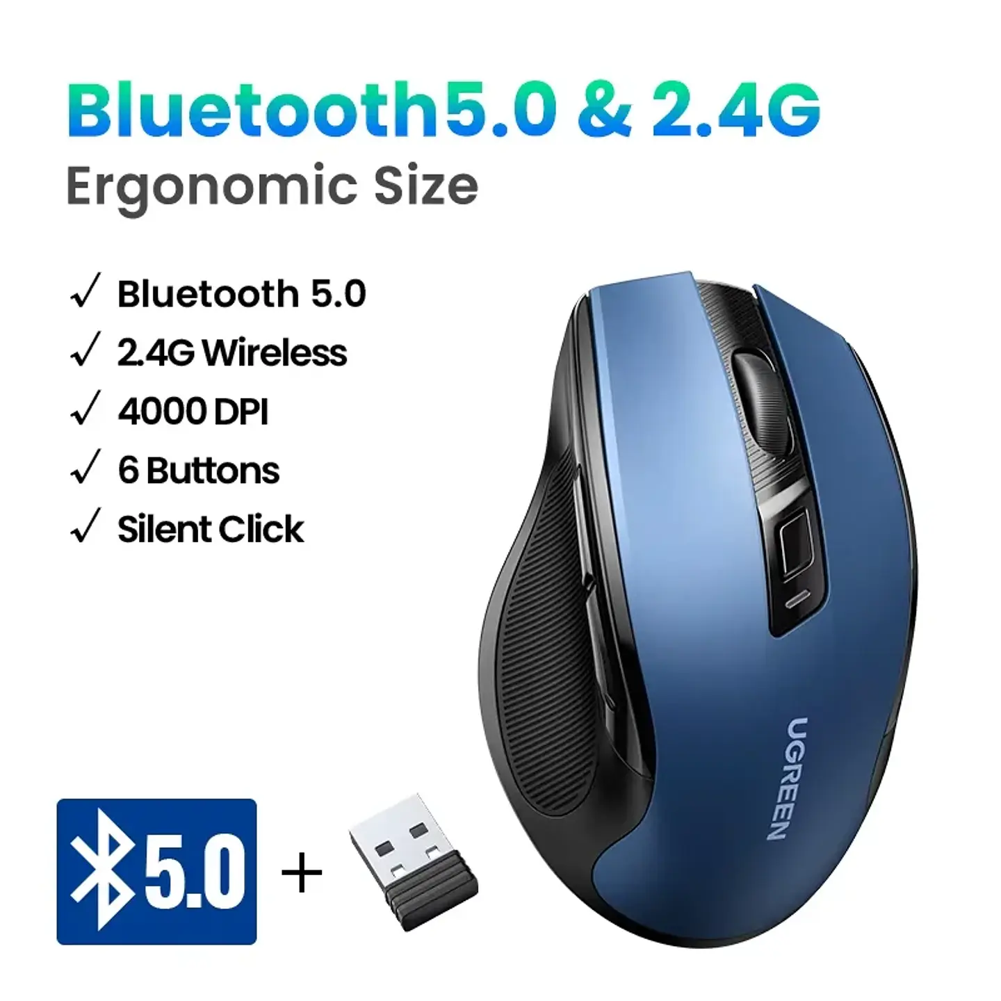 UGREEN Wireless Mouse Bluetooth5.0 Mouse Ergonomic 4000DPI 6 Mute Buttons Mouse For MacBook Tablet Laptops Computer PC 2.4G Mice 14