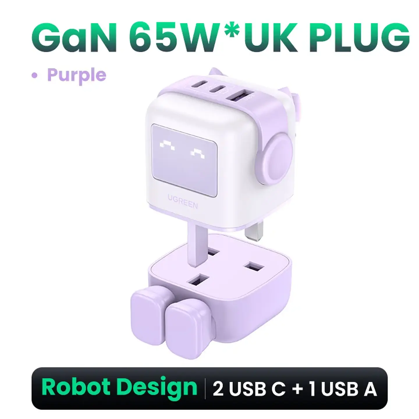 Cargador UGREEN Uno GaN de 65 W con diseño de robot, carga rápida PD y PPS para iPhone 17, 16 y 15, Xiaomi y MacBook Pro 14