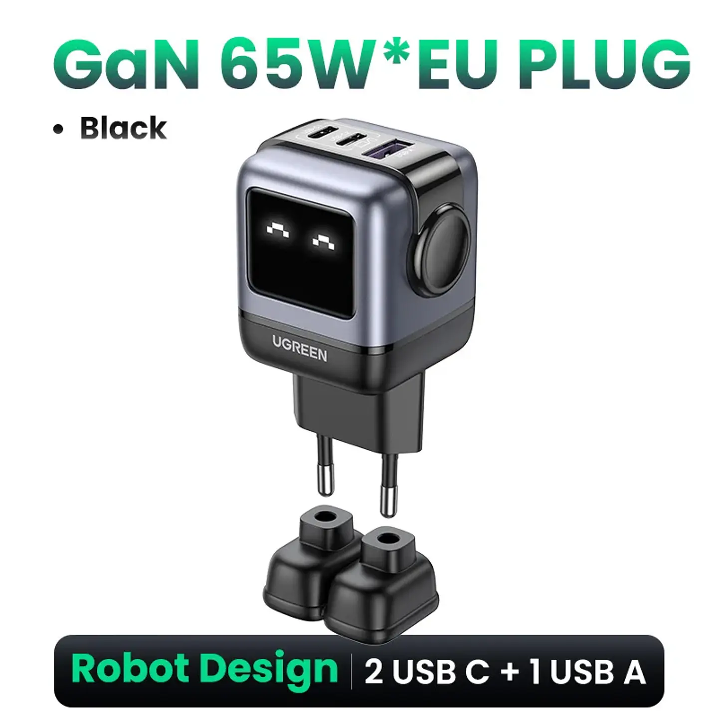 Cargador UGREEN Uno GaN de 65 W con diseño de robot, carga rápida PD y PPS para iPhone 17, 16 y 15, Xiaomi y MacBook Pro 15