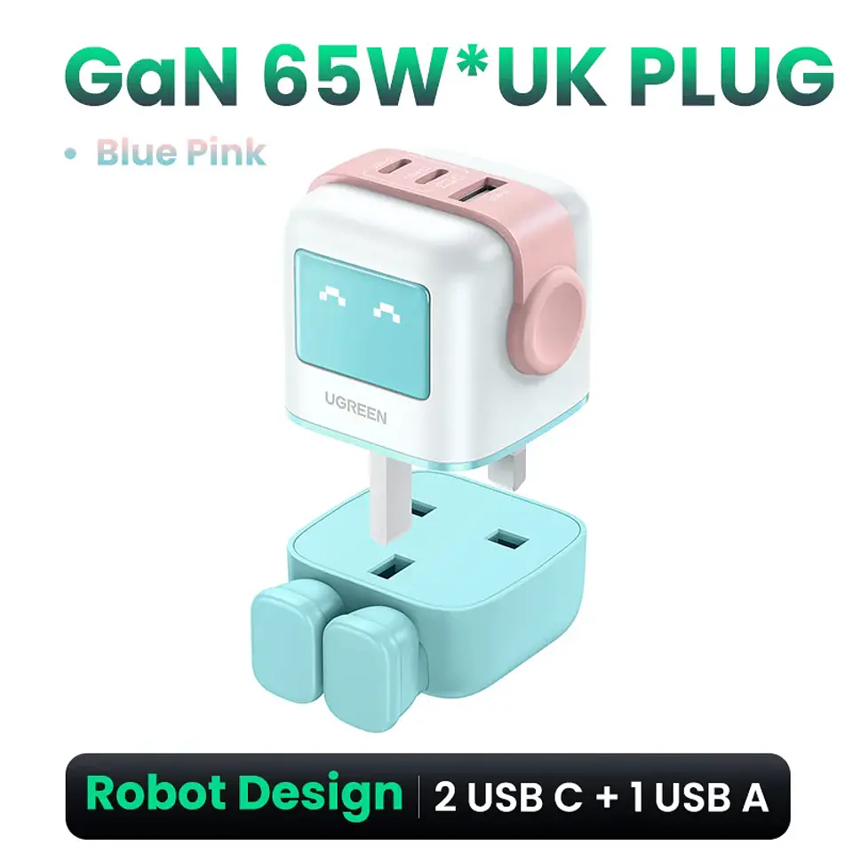 Cargador UGREEN Uno GaN de 65 W con diseño de robot, carga rápida PD y PPS para iPhone 17, 16 y 15, Xiaomi y MacBook Pro 16
