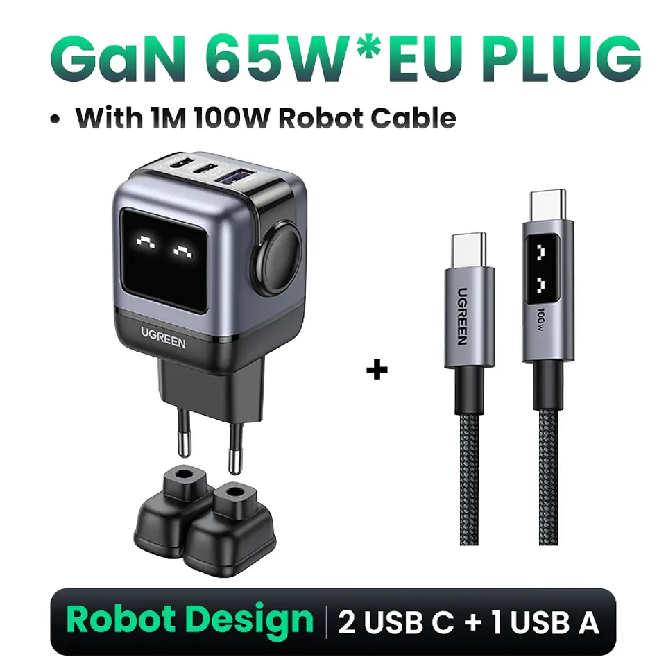 Cargador UGREEN Uno GaN de 65 W con diseño de robot, carga rápida PD y PPS para iPhone 17, 16 y 15, Xiaomi y MacBook Pro 17