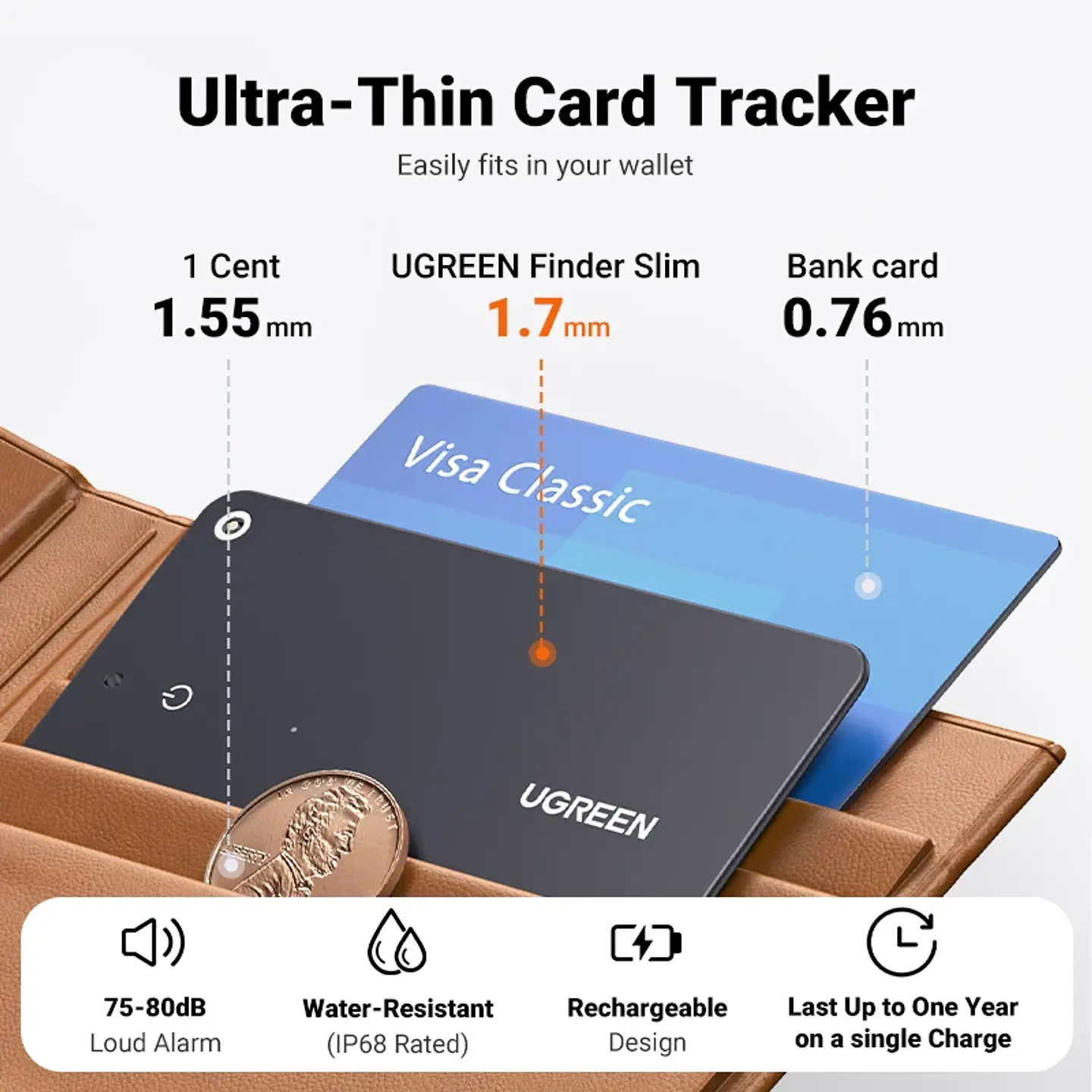 Tarjeta localizadora Bluetooth UGREEN SmartTrack para billetera, pasaporte y equipaje, compatible con Find My Apple 2