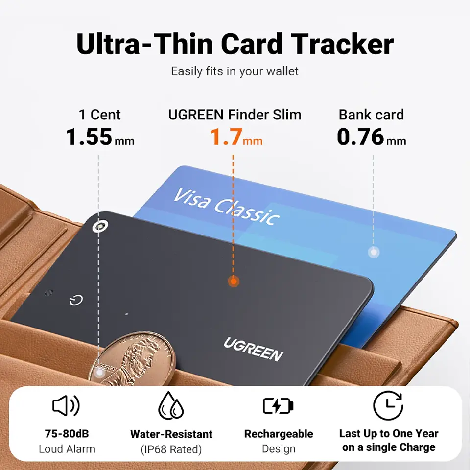 Tarjeta localizadora Bluetooth UGREEN SmartTrack para billetera, pasaporte y equipaje, compatible con Find My Apple 2