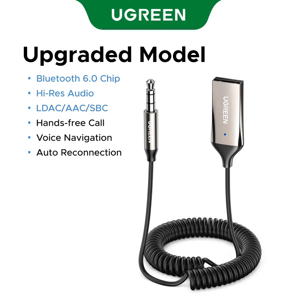 Adaptador Bluetooth UGREEN para auto con USB y conector auxiliar de 3,5 mm, manos libres 7