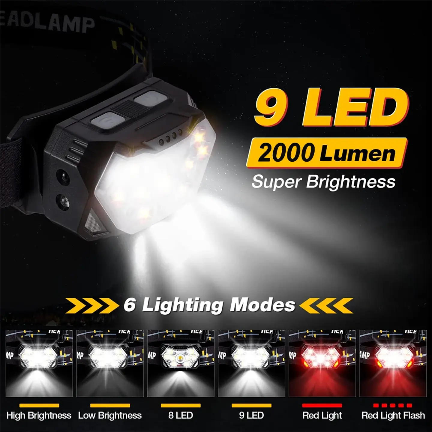 Linterna frontal LED recargable por USB, 9 luces, sensor de movimiento, para pesca, camping y trabajo al aire libre 2