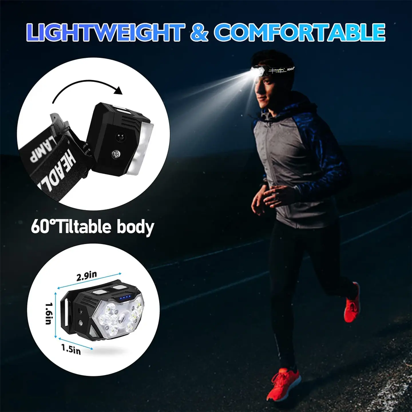 Linterna frontal LED recargable por USB, 9 luces, sensor de movimiento, para pesca, camping y trabajo al aire libre 5