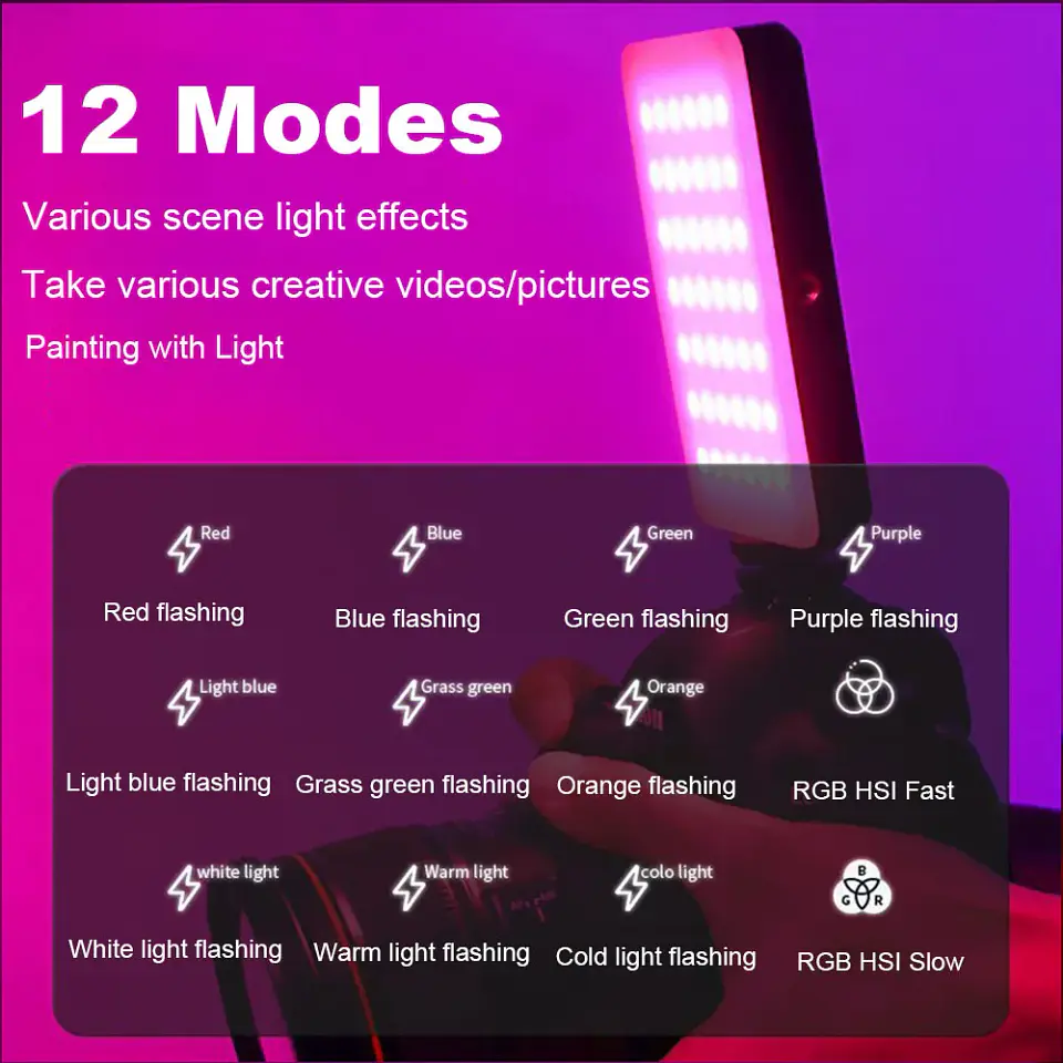 Luz LED RGB portátil recargable para celular, cámara y selfies, 2000 mAh, 3 modos, 2700–6500 K 4