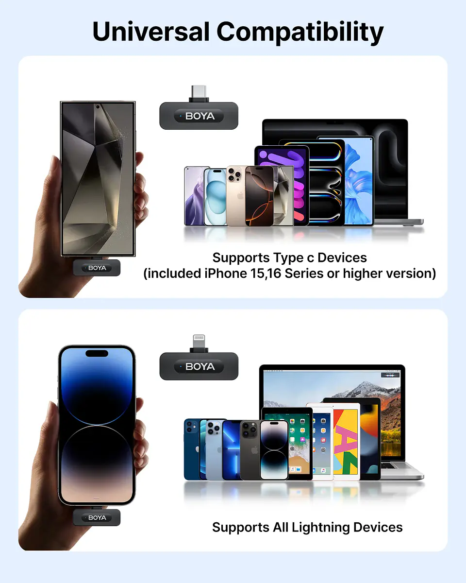 Micrófono inalámbrico de solapa BOYA BY-V3 con cancelación de ruido y batería recargable, para iPhone, Android y cámara 6