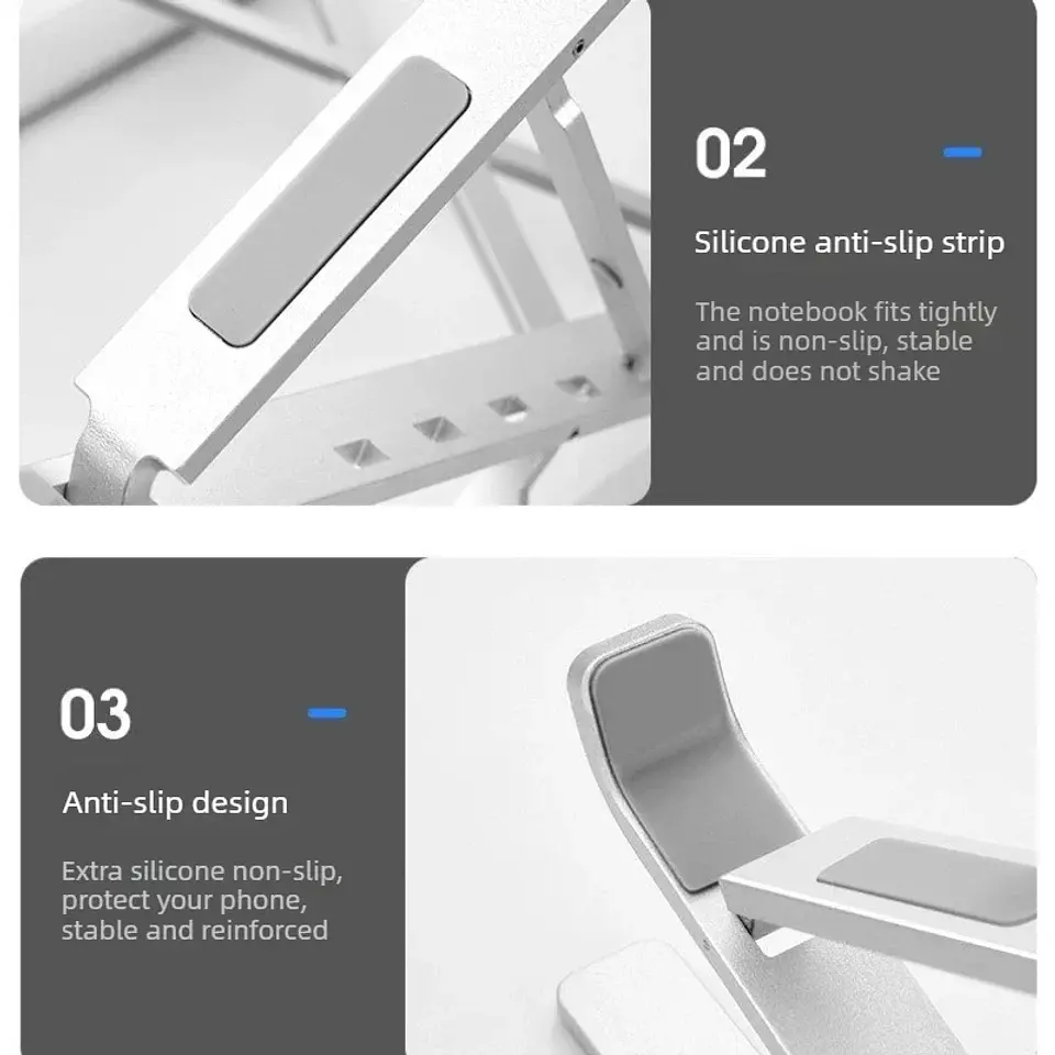 Soporte plegable y ajustable para laptop de aluminio, compatible con MacBook, computadora y tablet; base para notebook con disipación de calor 5