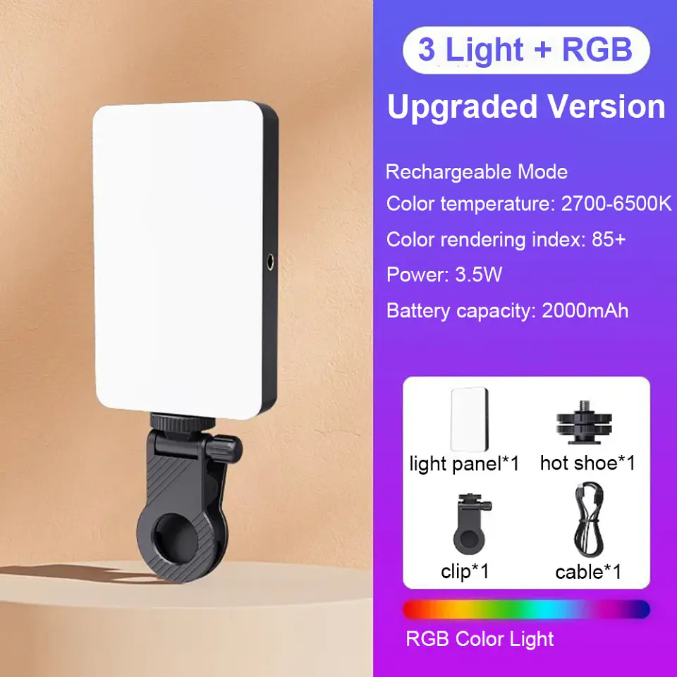 Luz LED RGB portátil recargable para celular, cámara y selfies, 2000 mAh, 3 modos, 2700–6500 K 5