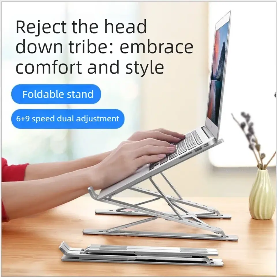 Soporte plegable y ajustable para laptop de aluminio, compatible con MacBook, computadora y tablet; base para notebook con disipación de calor 6
