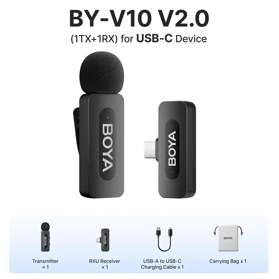 Micrófono inalámbrico de solapa BOYA BY-V3 con cancelación de ruido y batería recargable, para iPhone, Android y cámara 7