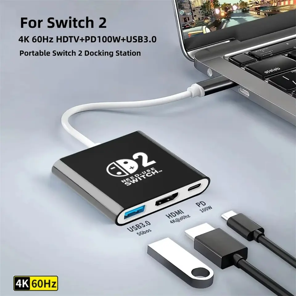Base de acoplamiento para Nintendo Switch 2 con HDMI 4K, USB 3.0 y carga PD, adaptador USB-C a HDMI 5