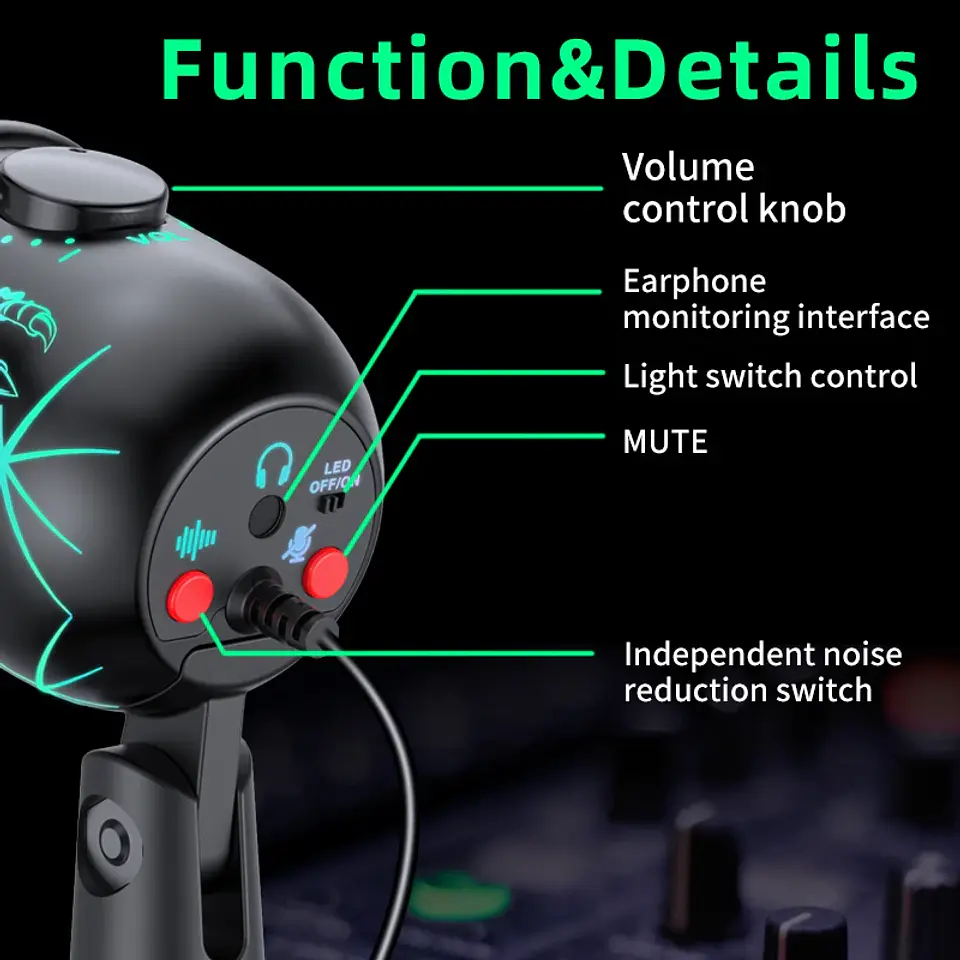 Micrófono USB para videojuegos y podcast, con condensador, salida para auriculares, iluminación LED y reducción de ruido 2