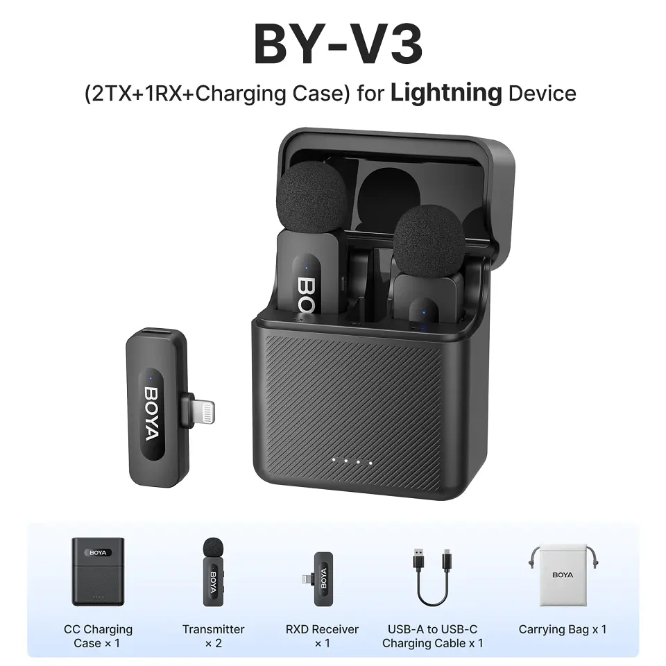 Micrófono inalámbrico de solapa BOYA BY-V3 con cancelación de ruido y batería recargable, para iPhone, Android y cámara 8