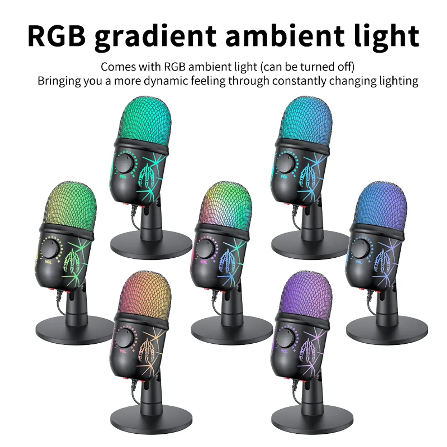 Micrófono USB para videojuegos y podcast, con condensador, salida para auriculares, iluminación LED y reducción de ruido 4