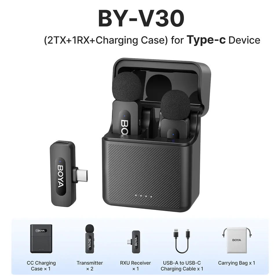 Micrófono inalámbrico de solapa BOYA BY-V3 con cancelación de ruido y batería recargable, para iPhone, Android y cámara 10