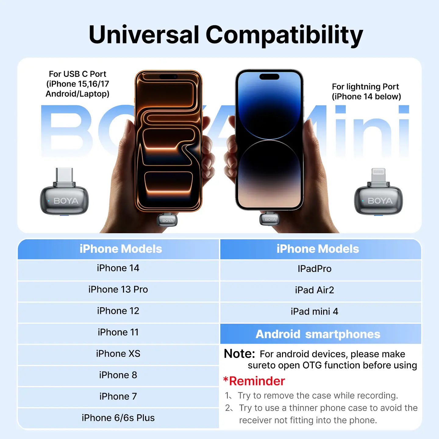 Micrófono inalámbrico de solapa BOYA Mini 2 con reducción de ruido por IA, mini micrófono para iPhone 6-14/15-17 y teléfonos Android USB-C, para grabación de video 4