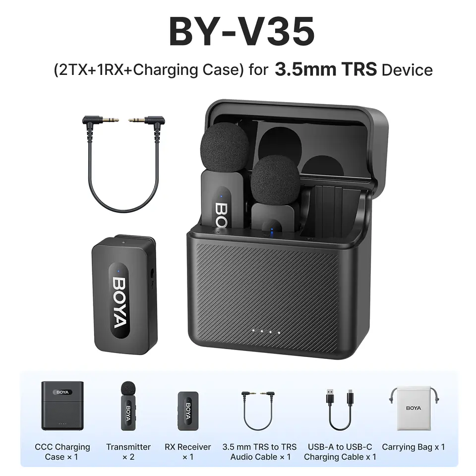 Micrófono inalámbrico de solapa BOYA BY-V3 con cancelación de ruido y batería recargable, para iPhone, Android y cámara 11
