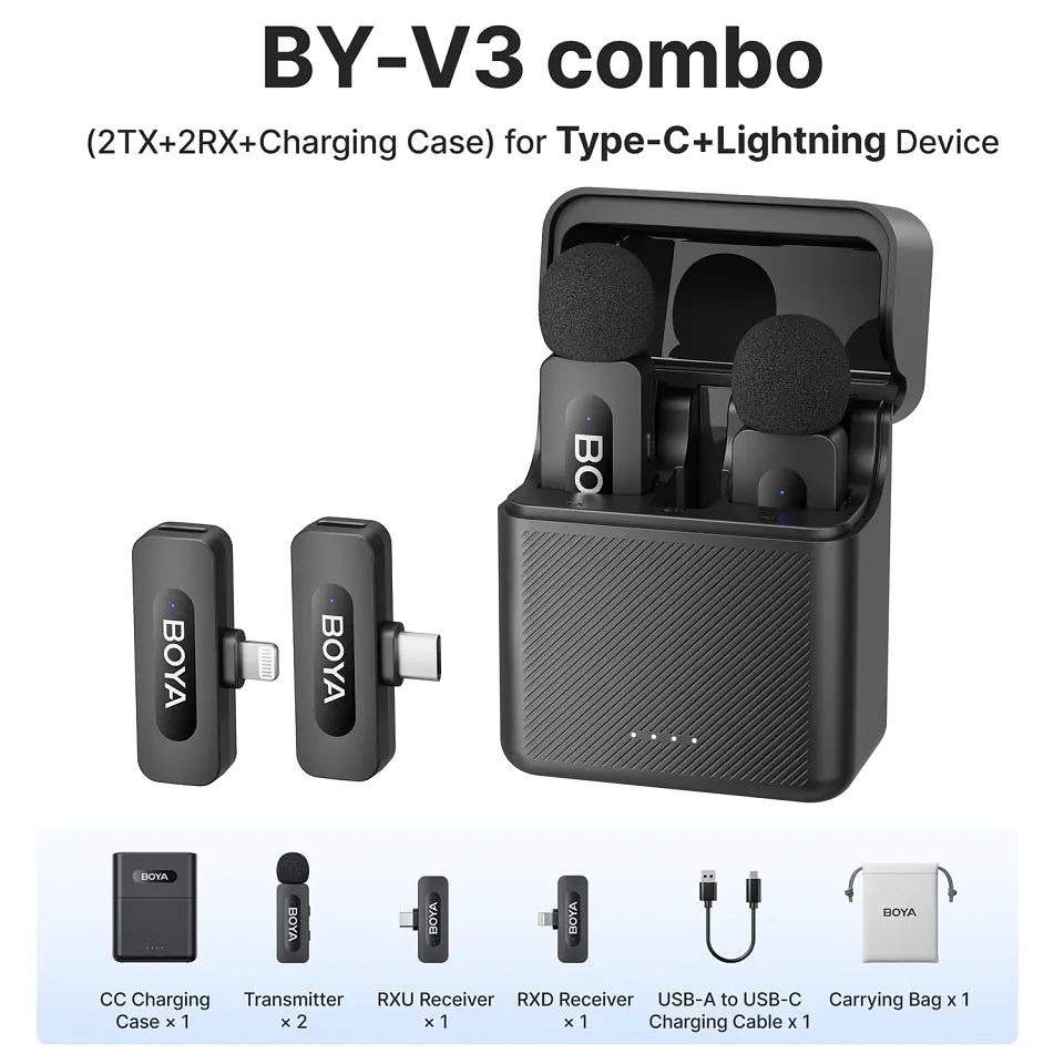Micrófono inalámbrico de solapa BOYA BY-V3 con cancelación de ruido y batería recargable, para iPhone, Android y cámara 12