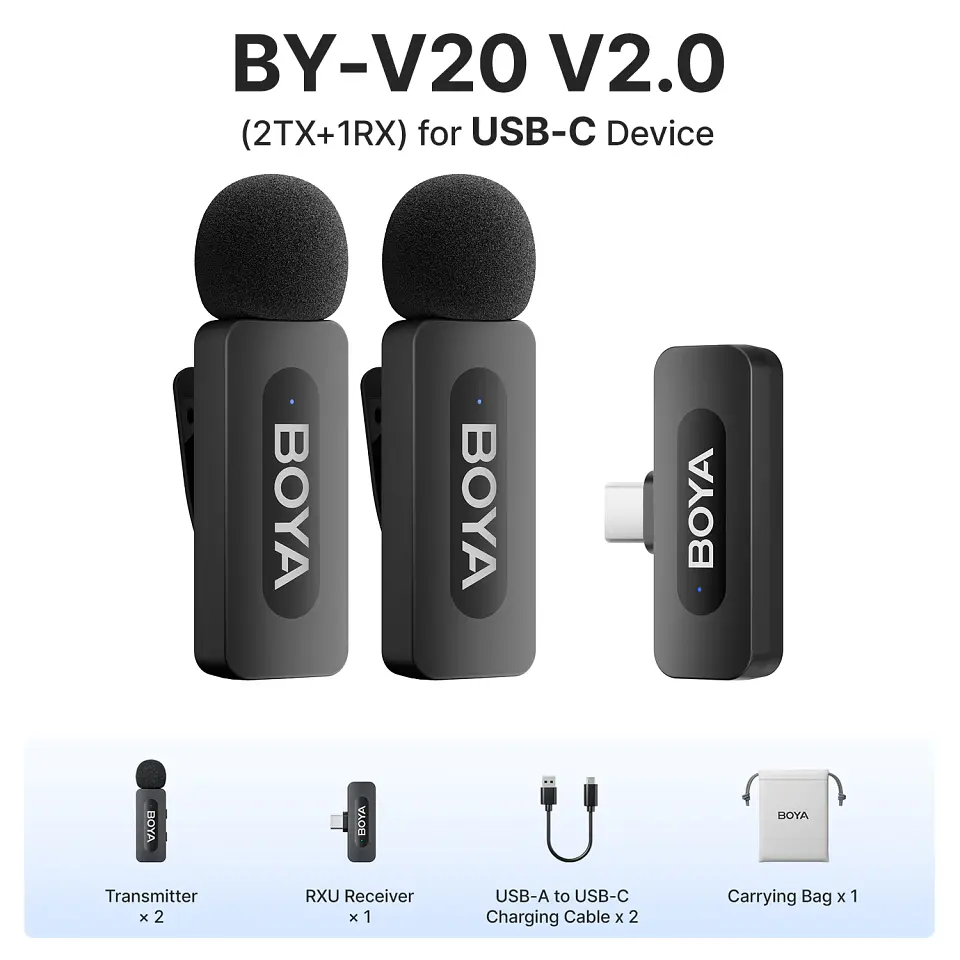 Micrófono inalámbrico de solapa BOYA BY-V3 con cancelación de ruido y batería recargable, para iPhone, Android y cámara 13