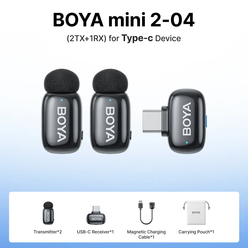Micrófono inalámbrico de solapa BOYA Mini 2 con reducción de ruido por IA, mini micrófono para iPhone 6-14/15-17 y teléfonos Android USB-C, para grabación de video 8