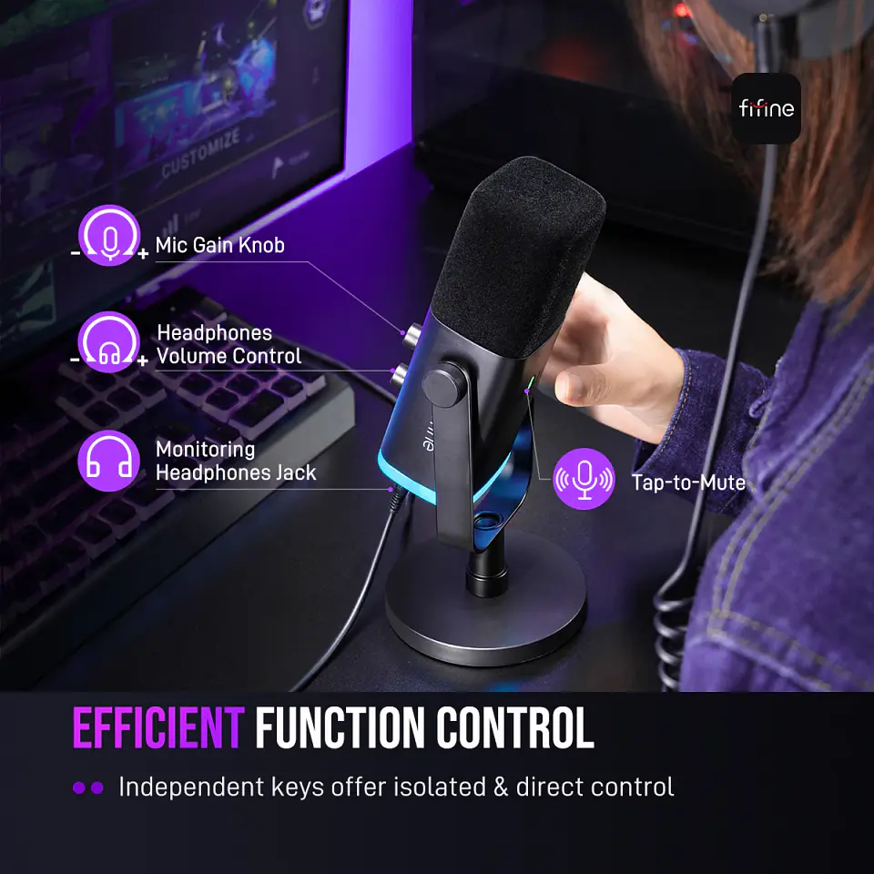 Micrófono Dinámico FIFINE AM8 USB/XLR RGB, Mute y Jack Auriculares para PC, Gaming y Streaming 5
