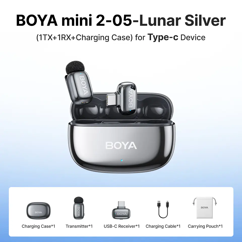 Micrófono inalámbrico de solapa BOYA Mini 2 con reducción de ruido por IA, mini micrófono para iPhone 6-14/15-17 y teléfonos Android USB-C, para grabación de video 10