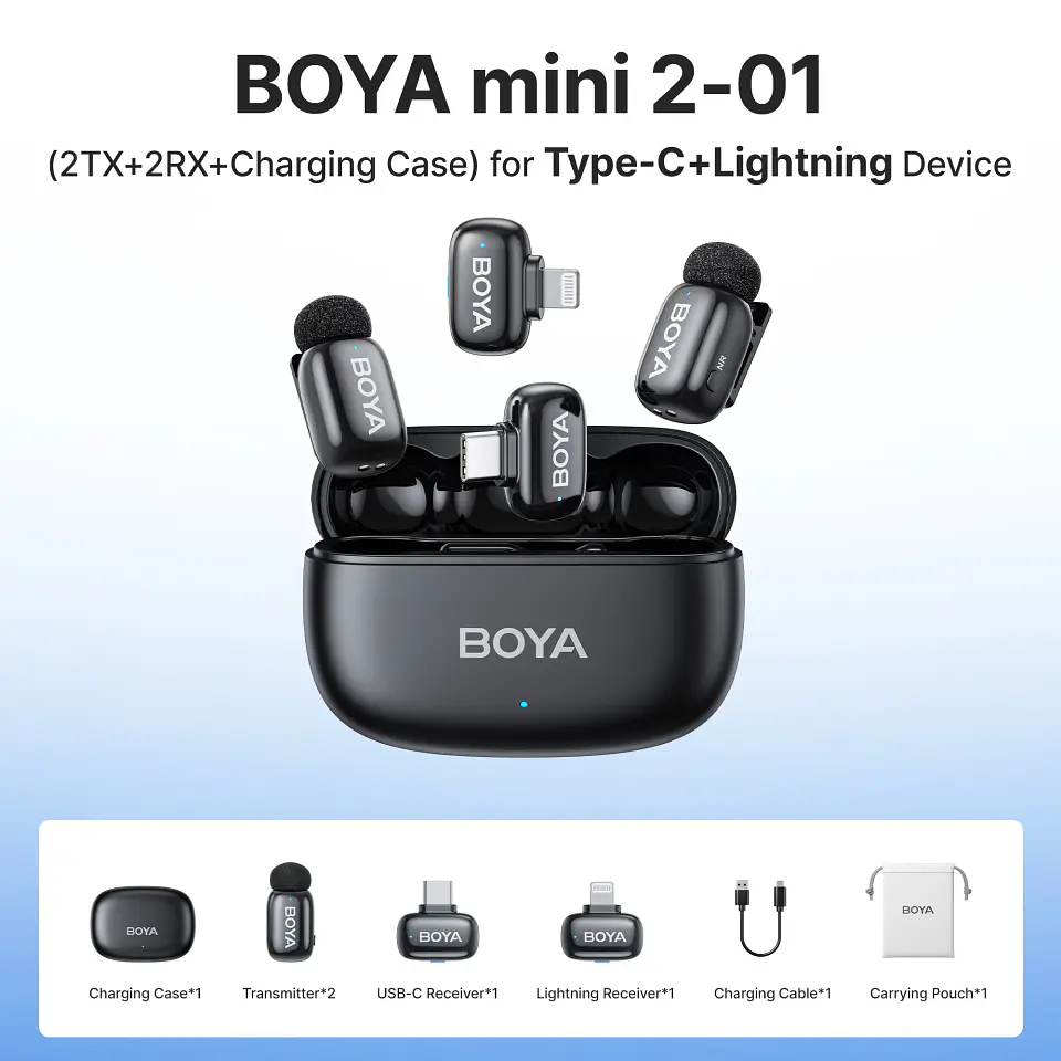 Micrófono inalámbrico de solapa BOYA Mini 2 con reducción de ruido por IA, mini micrófono para iPhone 6-14/15-17 y teléfonos Android USB-C, para grabación de video 11