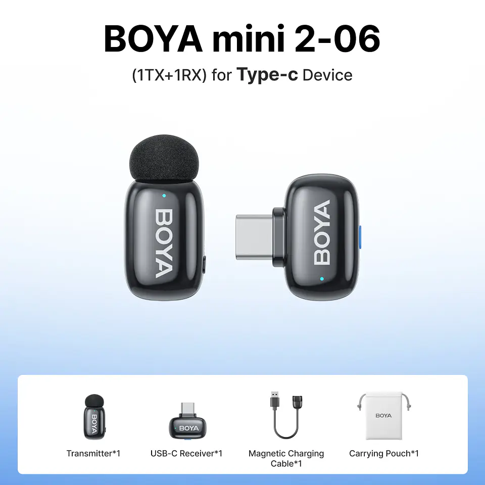Micrófono inalámbrico de solapa BOYA Mini 2 con reducción de ruido por IA, mini micrófono para iPhone 6-14/15-17 y teléfonos Android USB-C, para grabación de video 19