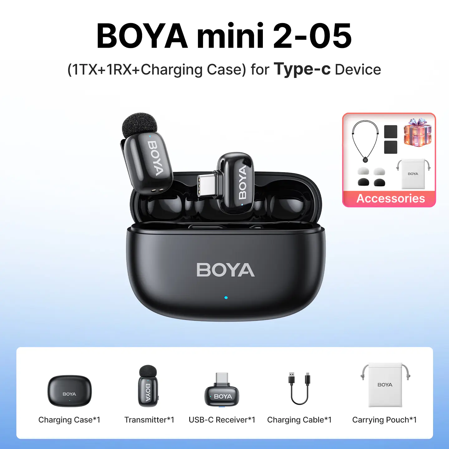 Micrófono inalámbrico de solapa BOYA Mini 2 con reducción de ruido por IA, mini micrófono para iPhone 6-14/15-17 y teléfonos Android USB-C, para grabación de video 24